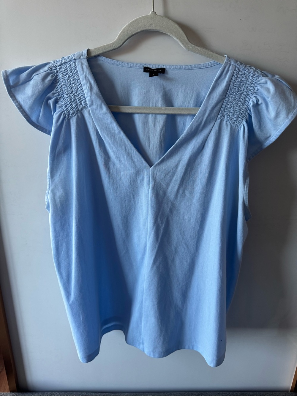 Ann Taylor Light Blue V-Neck Flutter Sleeve Top